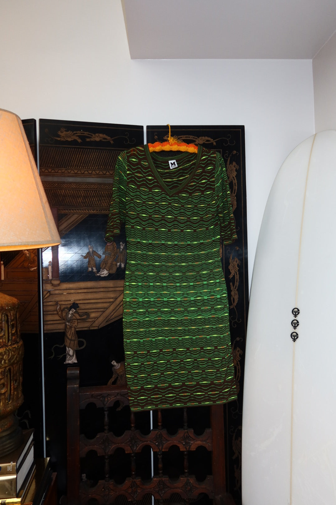 M Missoni Knit Dress Green Brown Wave Pattern V Neck 3/4 Sleeve Midi Made in Italy Size Medium