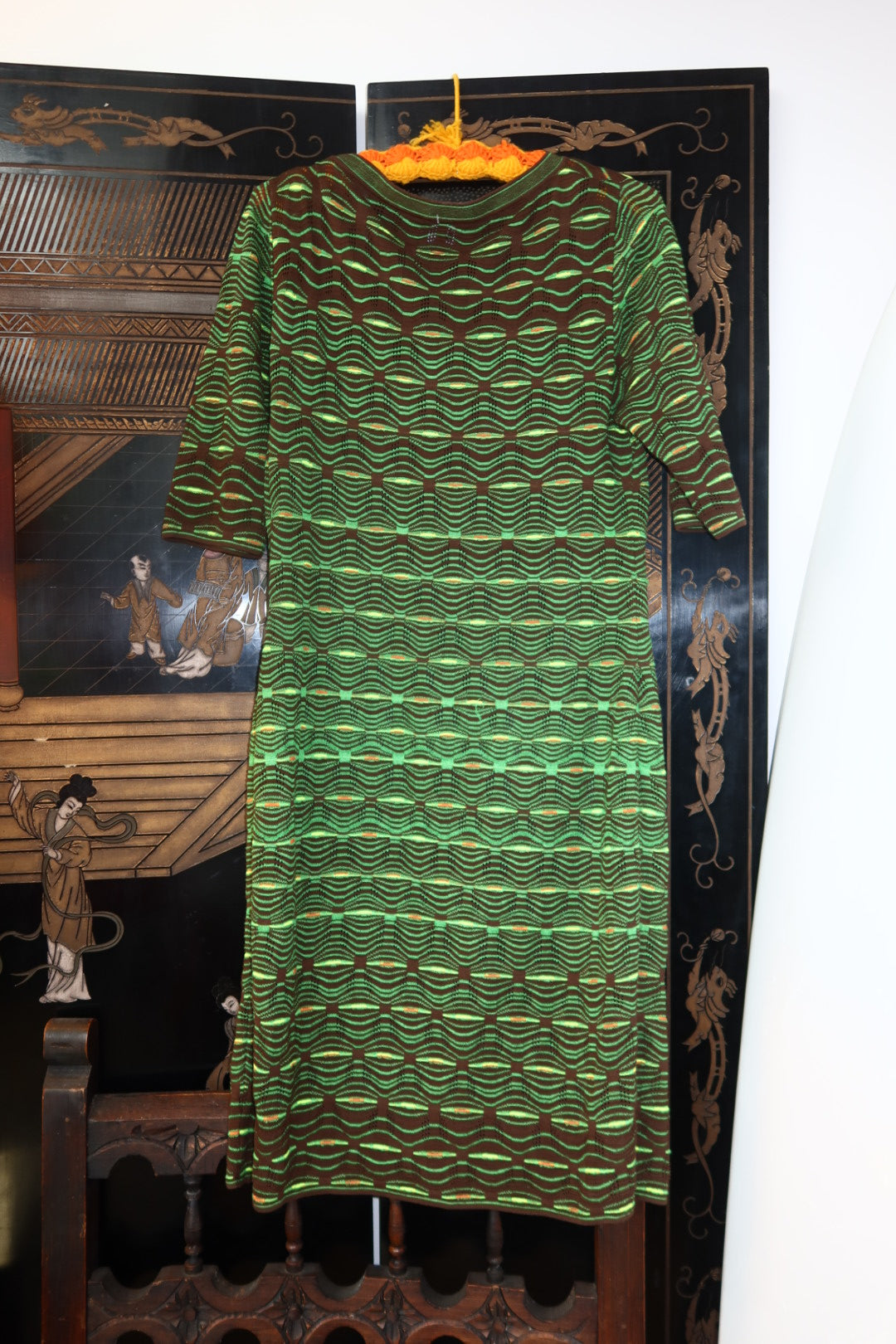 M Missoni Knit Dress Green Brown Wave Pattern V Neck 3/4 Sleeve Midi Made in Italy Size Medium