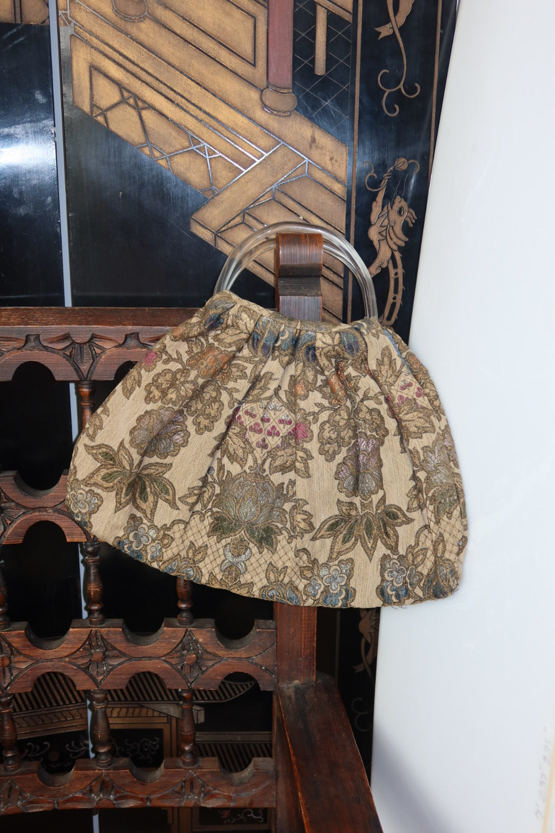 Vintage Metallic Floral Brocade Tapestry Purse with Clear Lucite Ring Handles