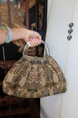 Vintage Metallic Floral Brocade Tapestry Purse with Clear Lucite Ring Handles