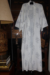 Vintage Japanese Cotton Robe, White Blue Cloud Print with Wide Sleeves