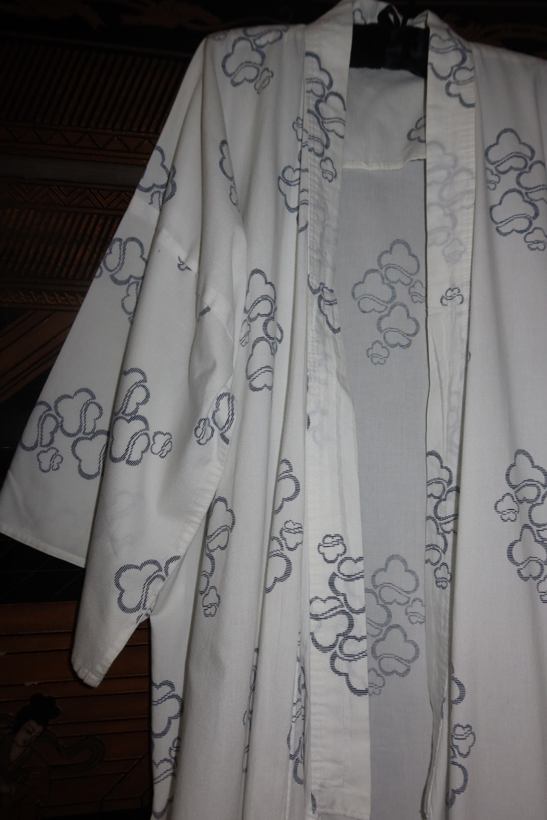 Vintage Japanese Cotton Robe, White Blue Cloud Print with Wide Sleeves