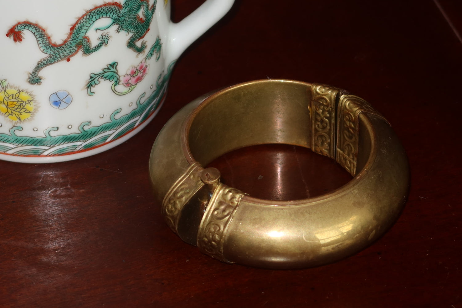 Vintage Brass Hinged Bangle Bracelet, Embossed Scrollwork, Pull Pin Closure