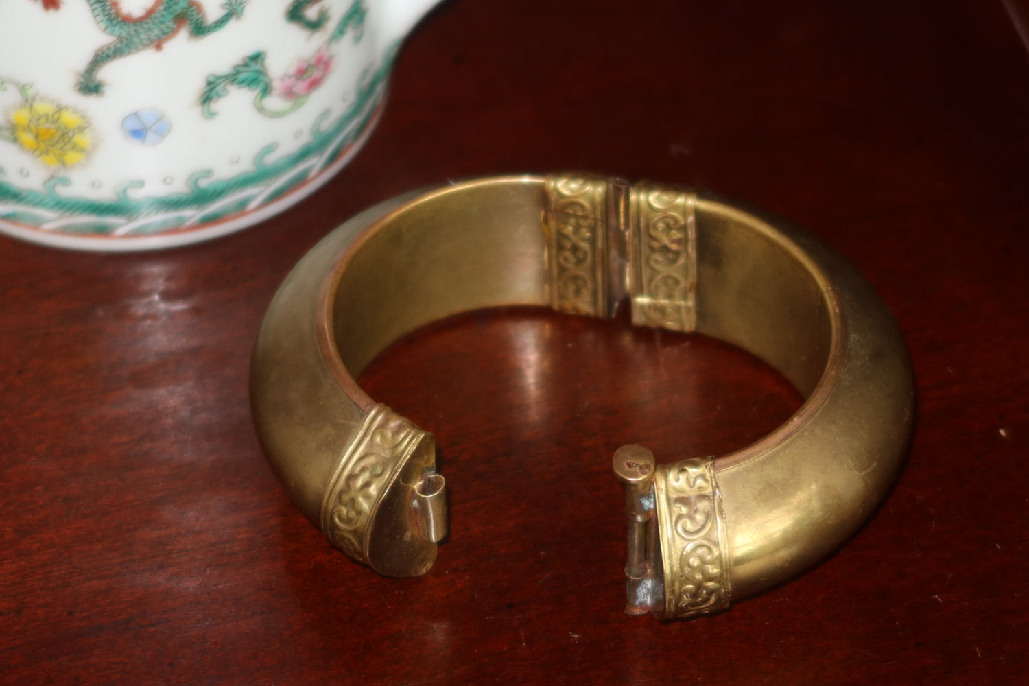 Vintage Brass Hinged Bangle Bracelet, Embossed Scrollwork, Pull Pin Closure