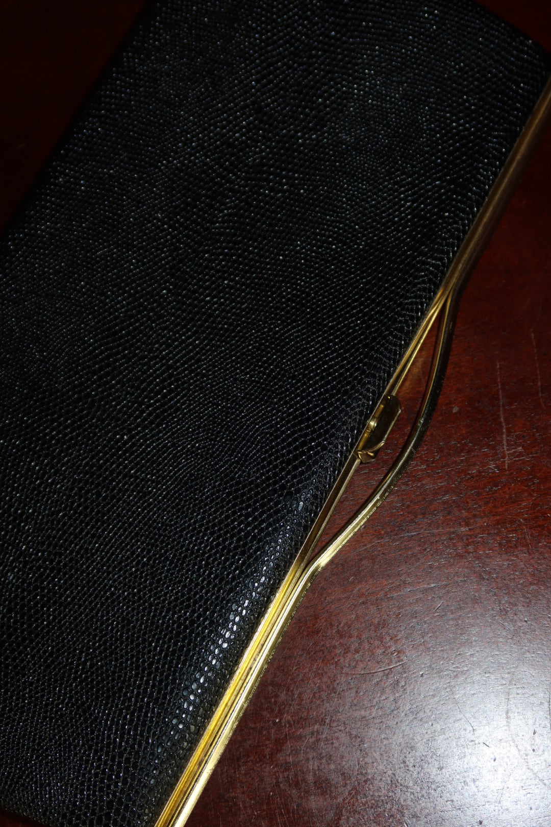 Vintage Black Reptile-Embossed Frame Clutch, Gold-Tone Frame Evening Bag