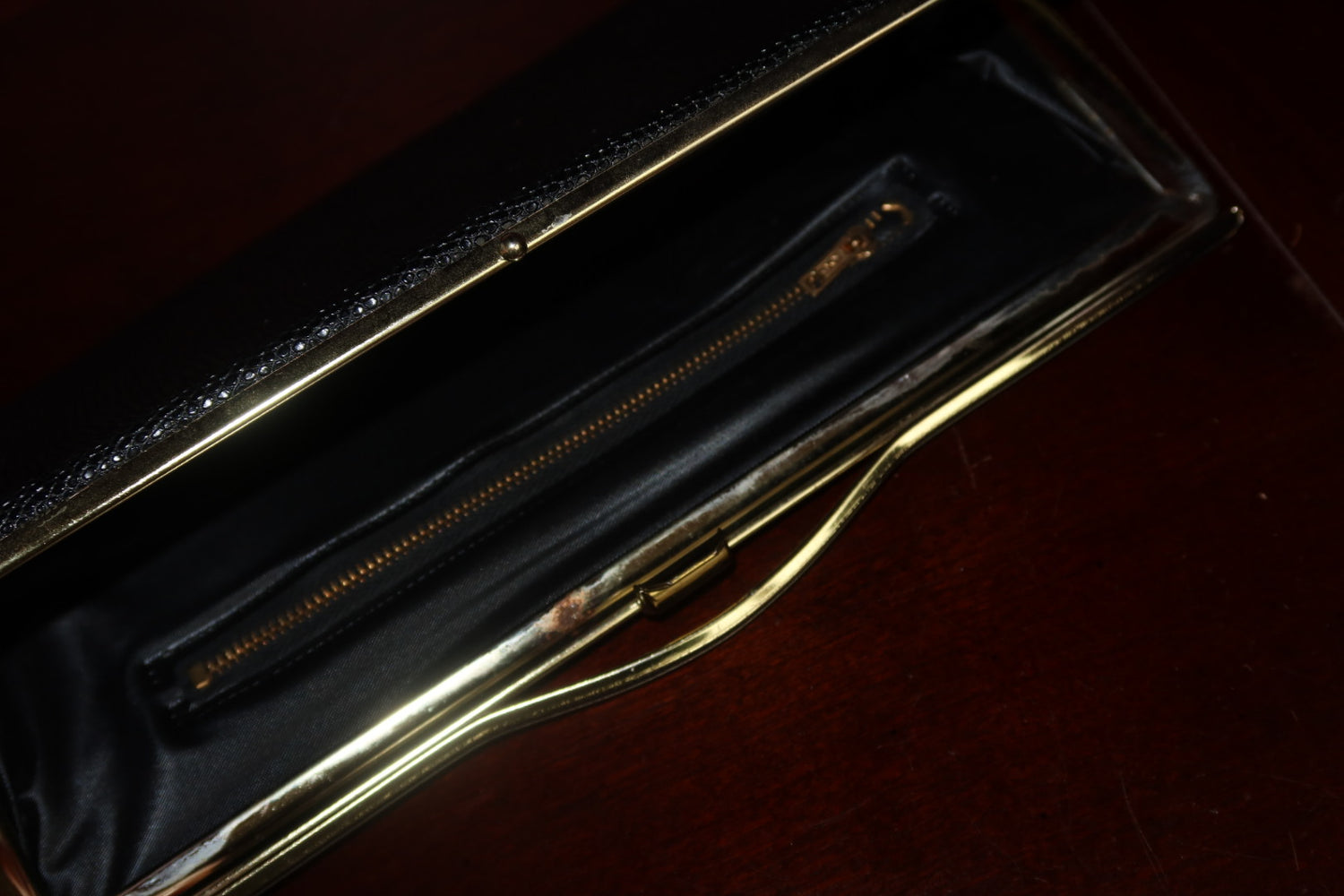 Vintage Black Reptile-Embossed Frame Clutch, Gold-Tone Frame Evening Bag