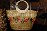 Vintage Woven Straw Basket Tote Embroidery Flowers Ring Handles