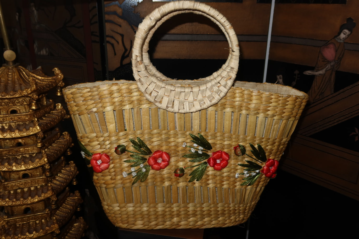 Vintage Woven Straw Basket Tote Embroidery Flowers Ring Handles
