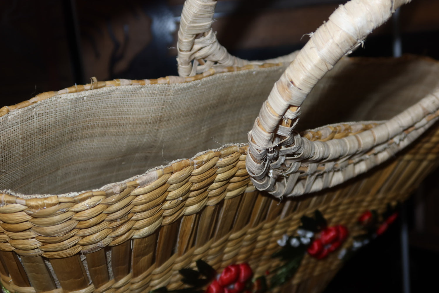 Vintage Woven Straw Basket Tote Embroidery Flowers Ring Handles
