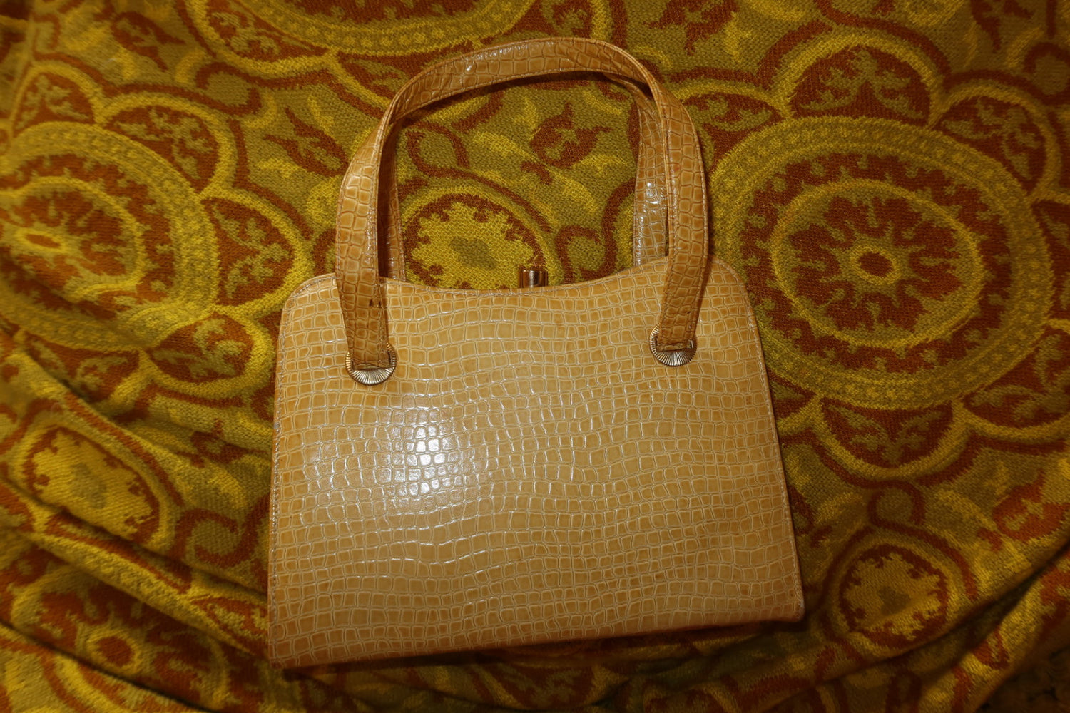 Vintage Croc-Embossed Leather Frame Handbag Yellow Top Handle Kiss-Lock Purse