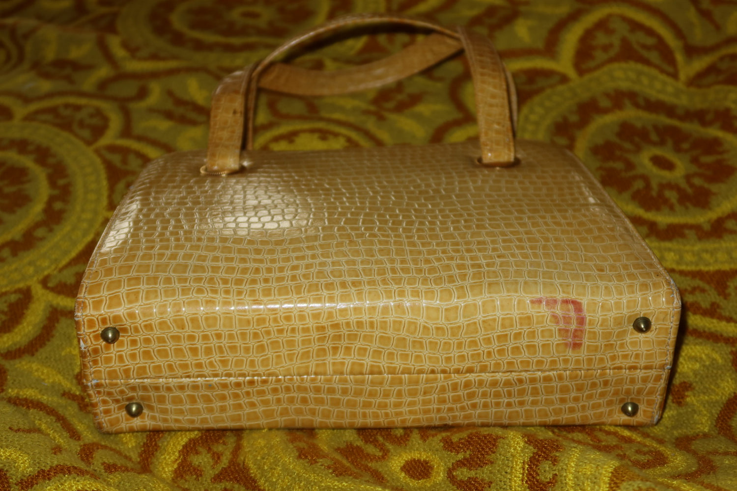 Vintage Croc-Embossed Leather Frame Handbag Yellow Top Handle Kiss-Lock Purse