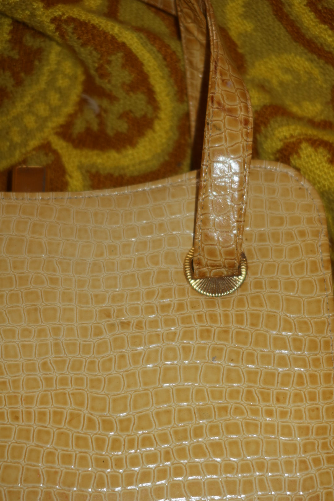 Vintage Croc-Embossed Leather Frame Handbag Yellow Top Handle Kiss-Lock Purse