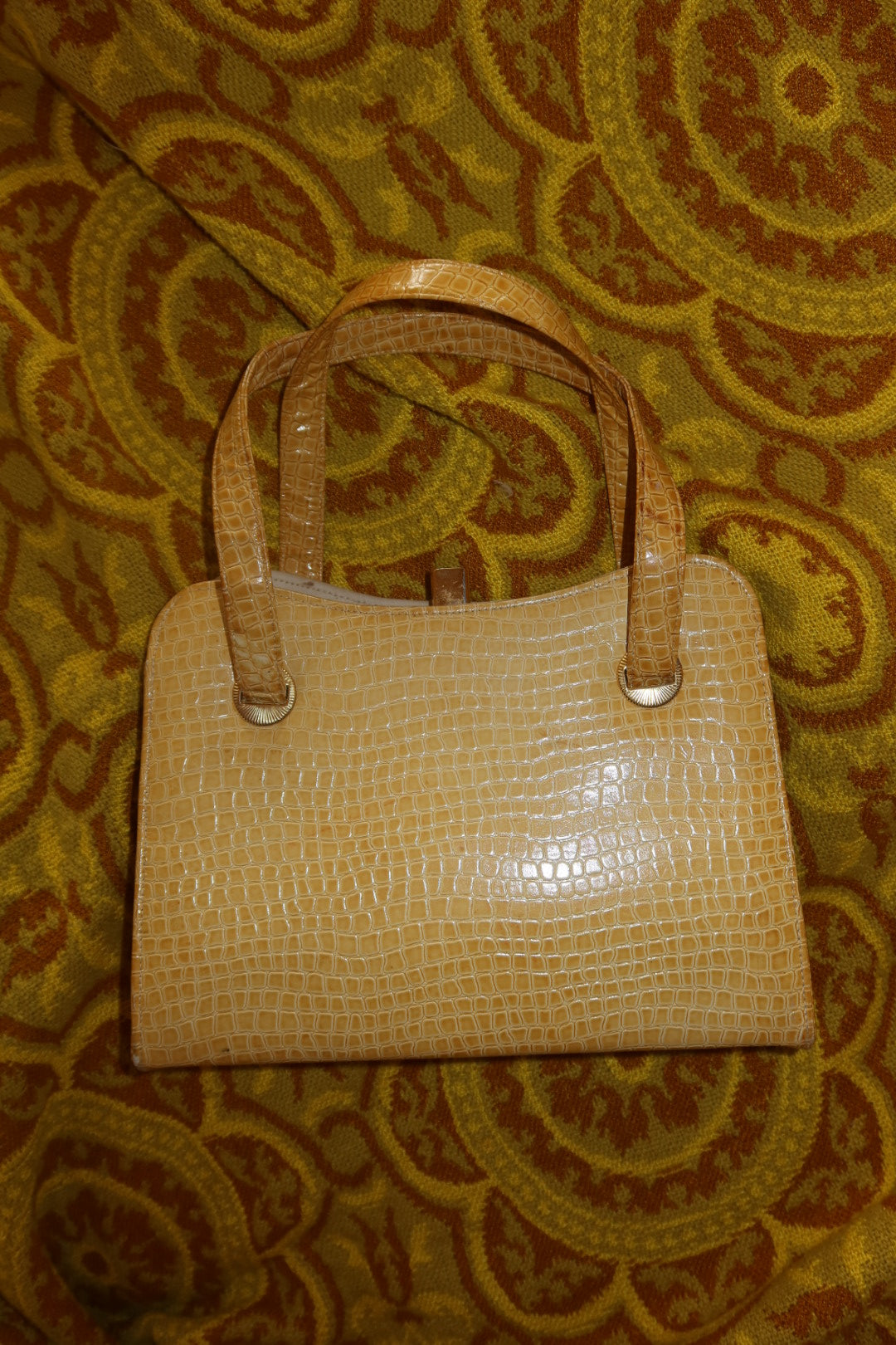Vintage Croc-Embossed Leather Frame Handbag Yellow Top Handle Kiss-Lock Purse