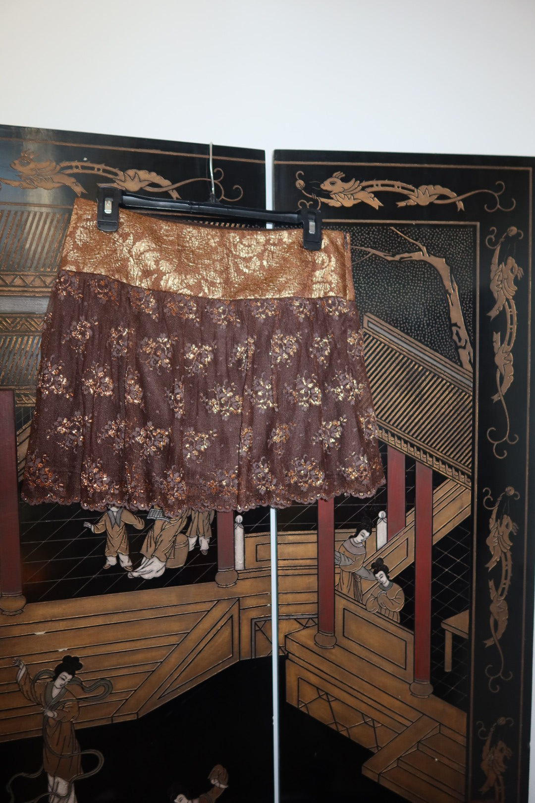 Marciano Metallic Gold and Brown Lace Mini Skirt