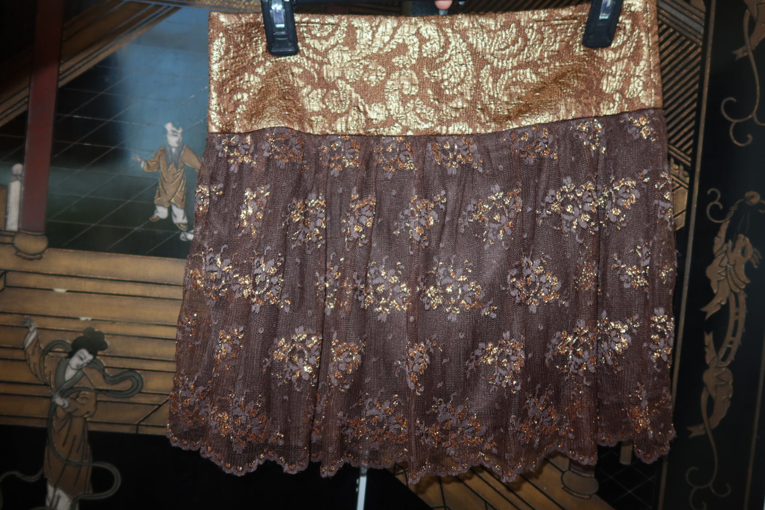 Marciano Metallic Gold and Brown Lace Mini Skirt