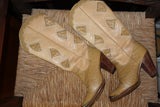 Vintage 80s Zodiac Cowboy Boots Tan Ostrich Embossed Brass Toe