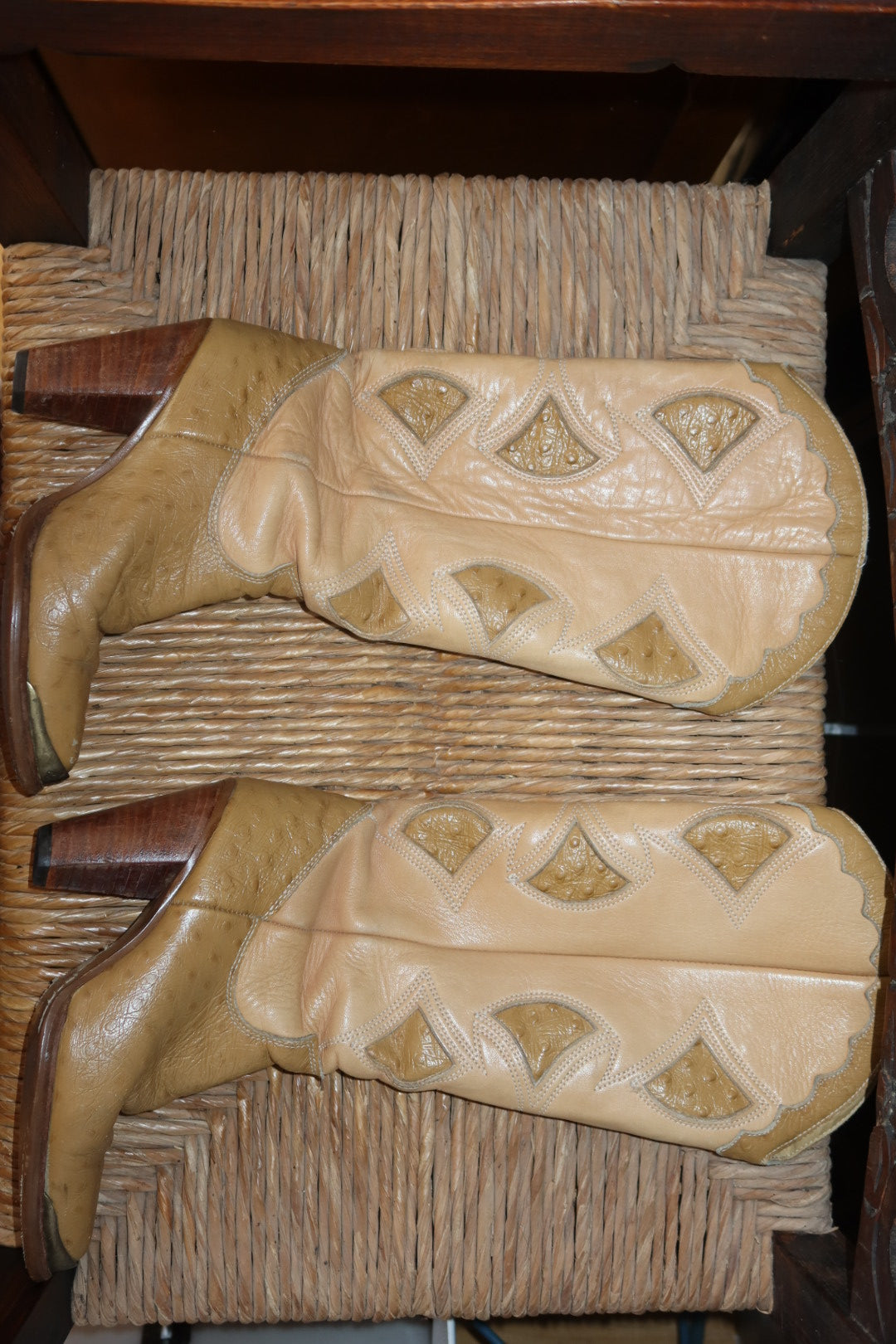 Vintage 80s Zodiac Cowboy Boots Tan Ostrich Embossed Brass Toe