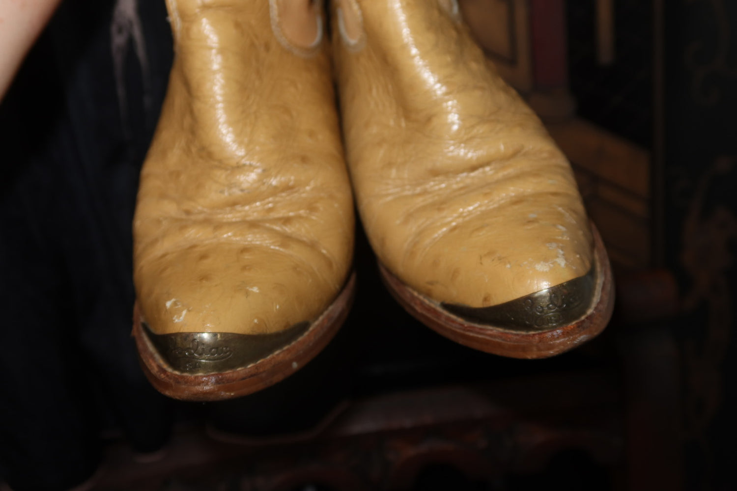 Vintage 80s Zodiac Cowboy Boots Tan Ostrich Embossed Brass Toe