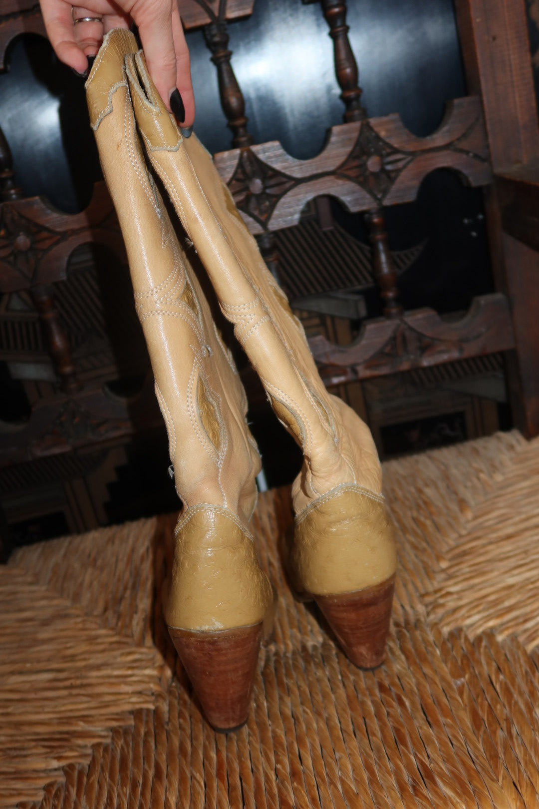 Vintage 80s Zodiac Cowboy Boots Tan Ostrich Embossed Brass Toe
