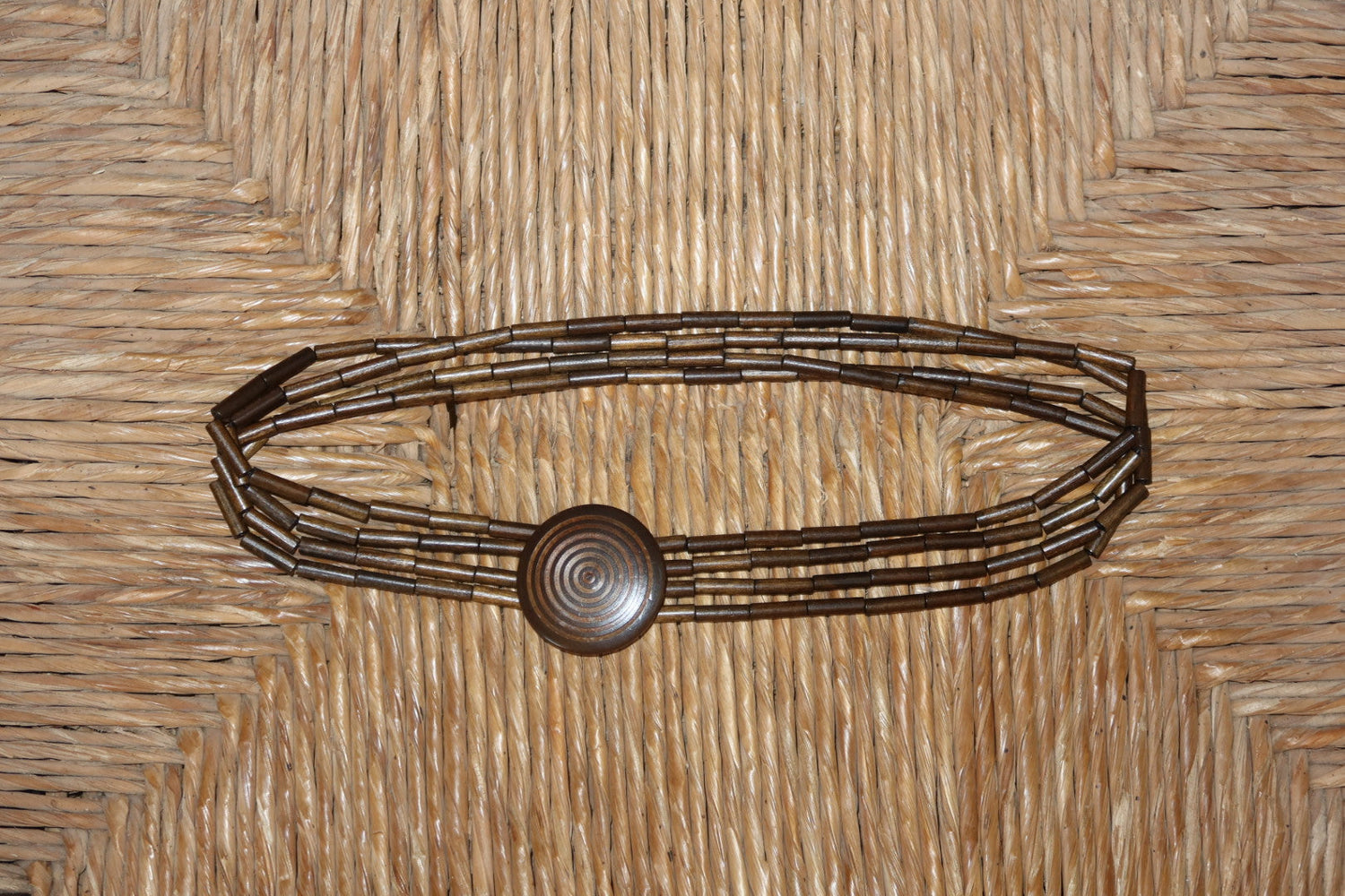 Vintage 70s Wood Bead Belt Multi Strand Carved Disc Buckle Boho