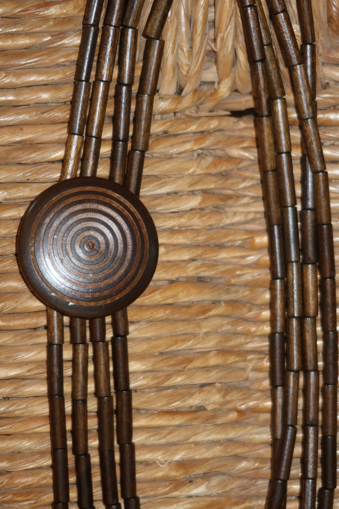 Vintage 70s Wood Bead Belt Multi Strand Carved Disc Buckle Boho