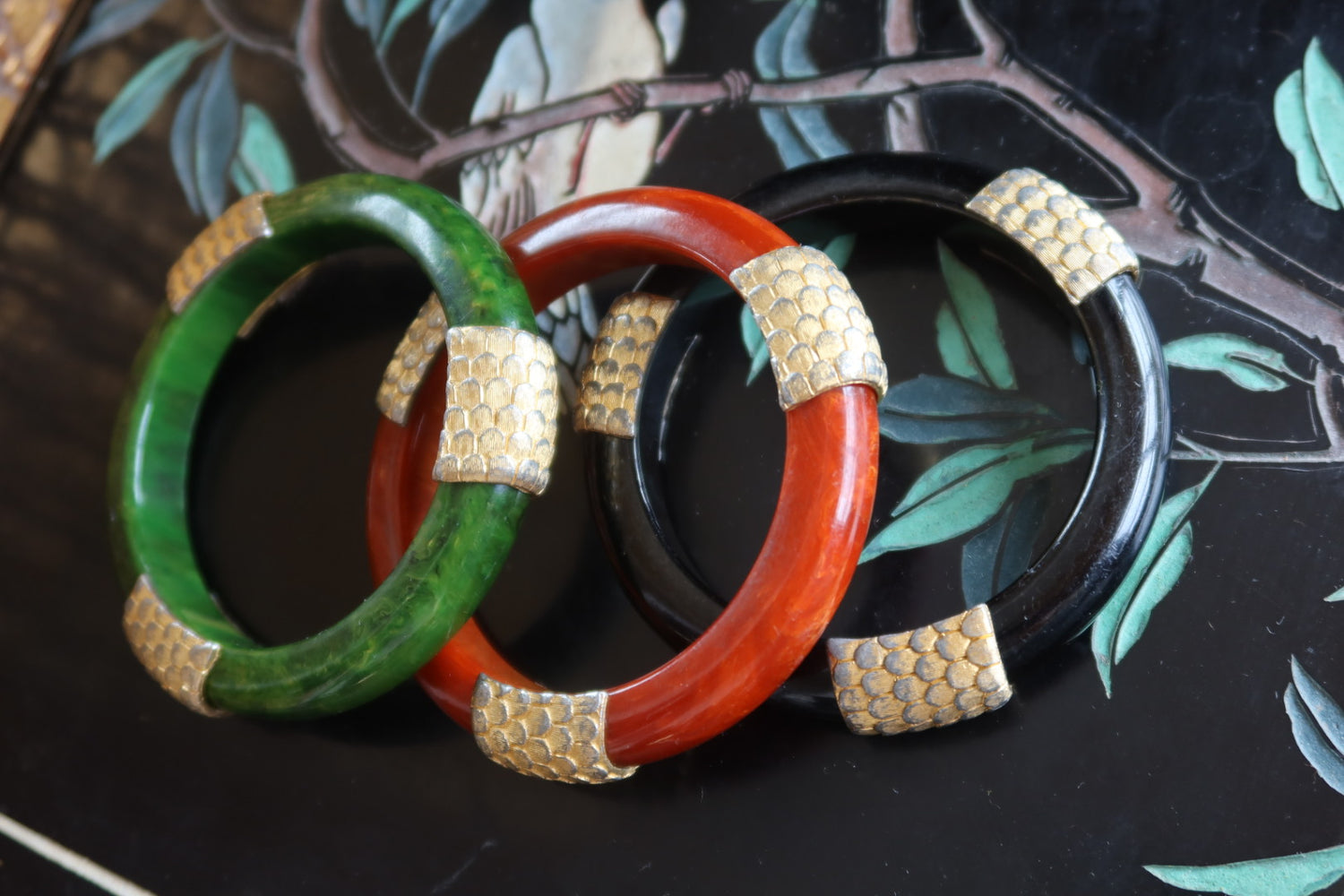 Vintage Bangle Bracelet Set of 3 Marbled Gold Tone