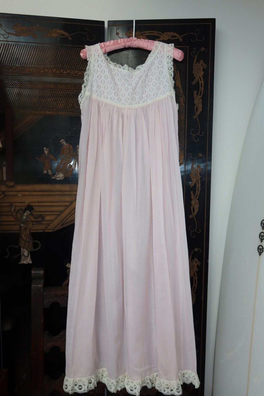 Vintage Saks Fifth Avenue Slip Dress Pink Lace Yoke Empire Maxi