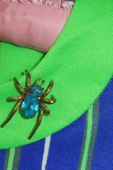 Antique Czech Figural Spider Brooch in Gilt Brass with Aqua Glass