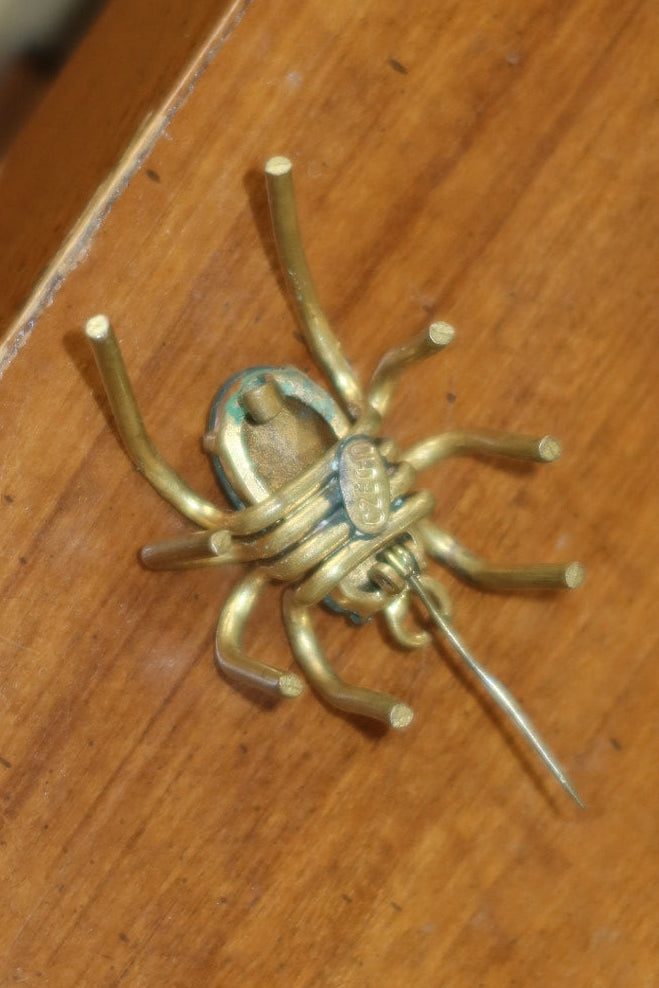 Antique Czech Figural Spider Brooch in Gilt Brass with Aqua Glass