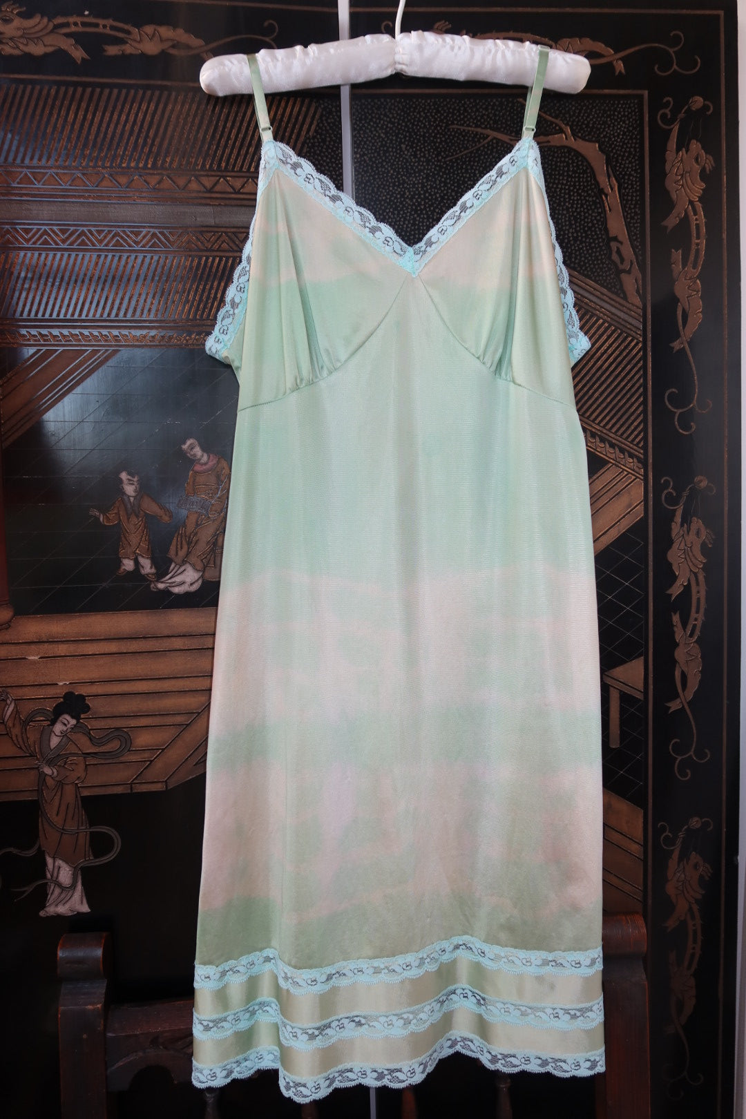 Mint Green Tie Dyed Vintage Slip Dress with Lace Trim, Size 42
