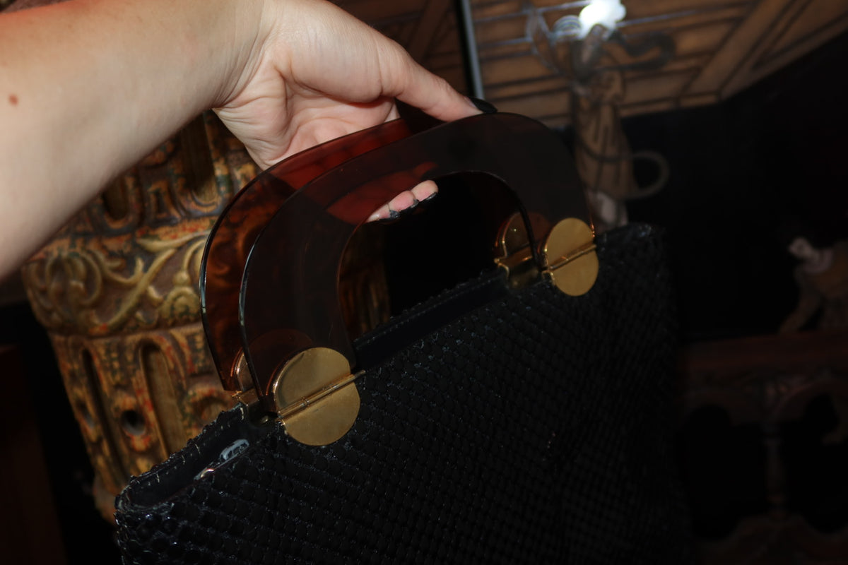 Vintage 1960s Black Mesh Handbag with Lucite Handle