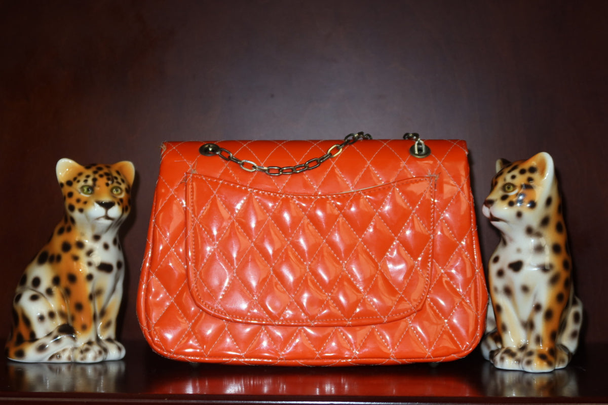 Vintage 1960s Orange Vinyl Quilted Chain Shoulder Bag