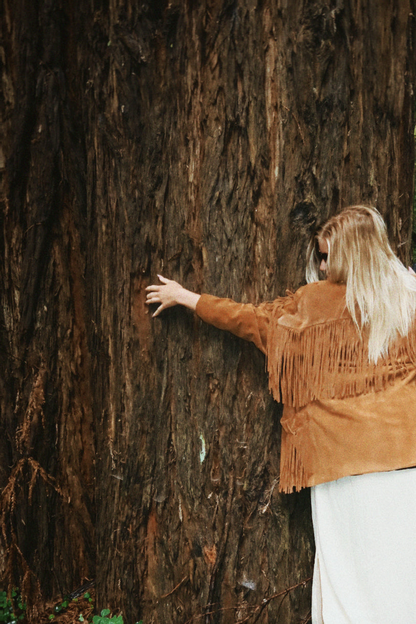 Vintage Phoenix Tan Suede Fringe Jacket Western Boho Oversized Shawl Collar