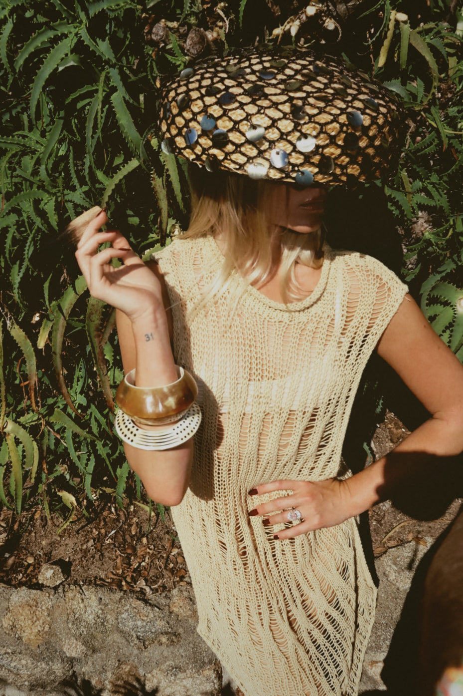 Late 1960s Italian Straw Hat Gold Silver Paillettes Black Net Overlay